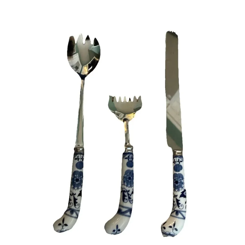 Vintage Prill Sheffield Blue Onion Porcelain Utensils Serving Set Of 3